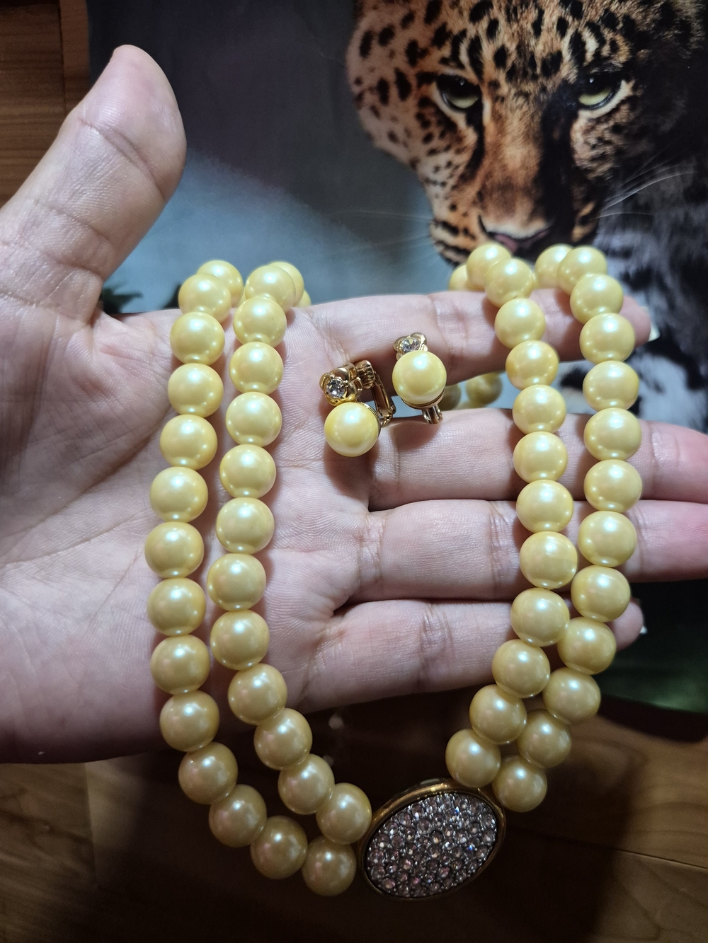 Avon Gold-Tone Pale Yellow Pearl Double Strand Necklace with Clip Earrings